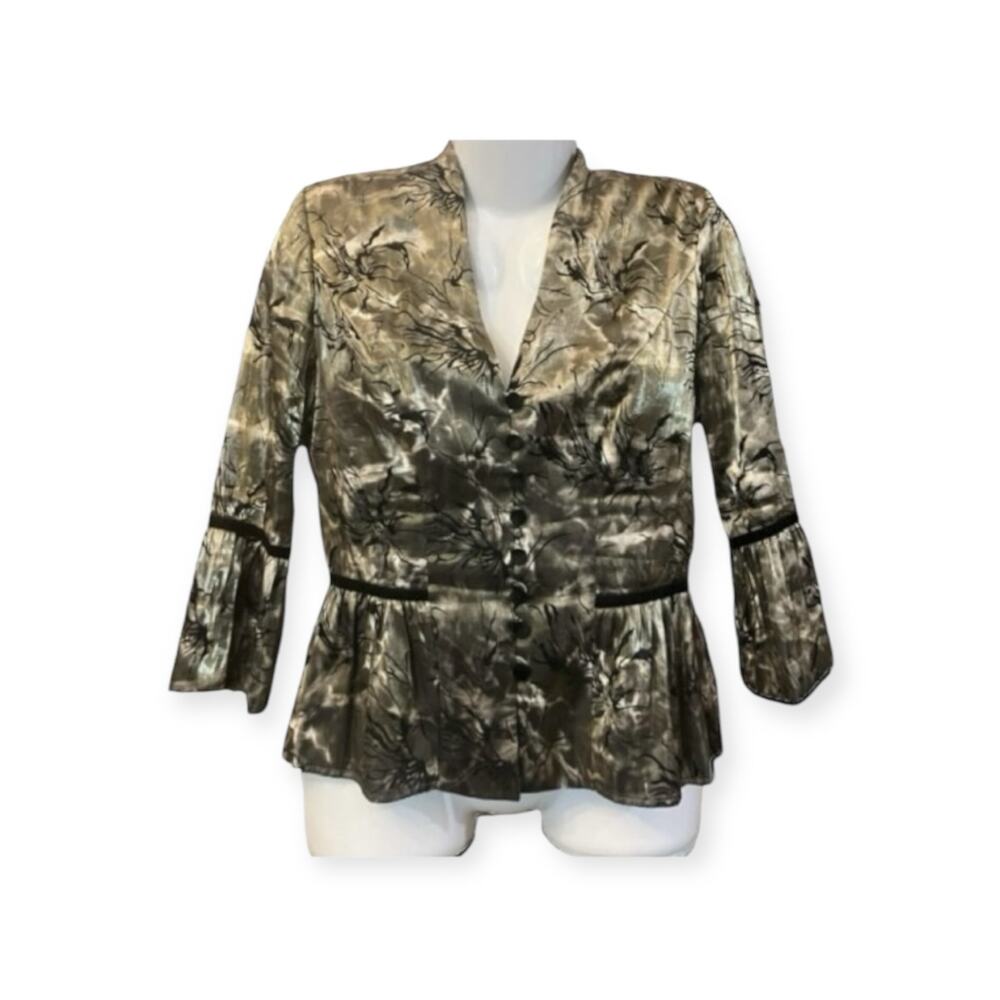 Dressbarn Women's Blk/Green/Gold Velvety Peplum Dressy Evening Jacket | Size 8